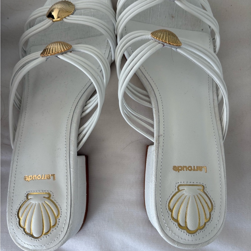 Larroude White Sandals with Gold Accents
